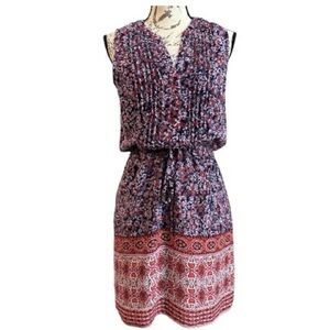 GAP dress, size Small, ted blue floral, tie waist ,blouson bodice, geometric hem